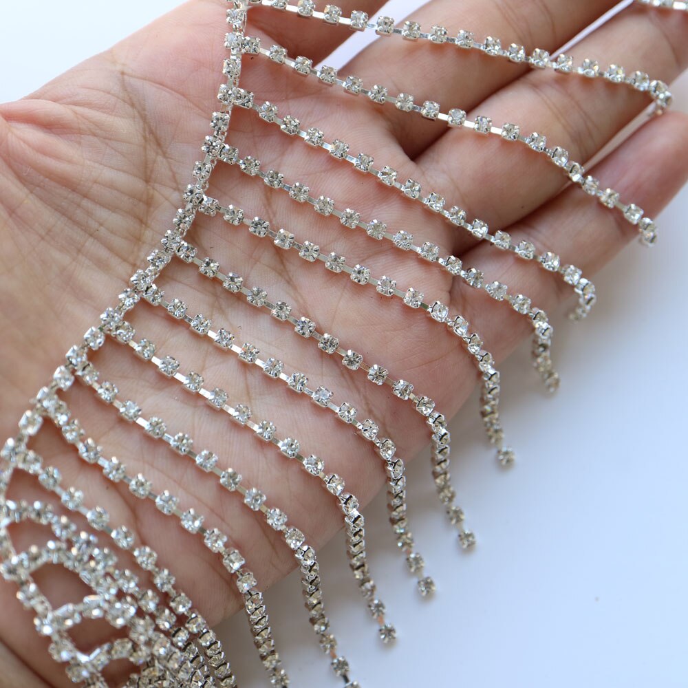 Adornos de diamantes de imitación de cadena de cristal plateado para ropa, adornos de costura para vestidos de novia, decoración de de boda, 8cm x 1 yardas