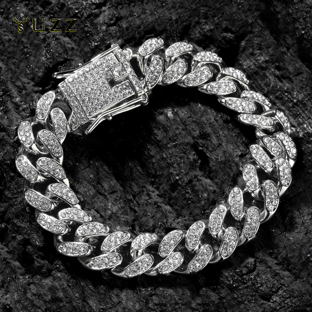HipHop Men Women 13MM Prong Cuban Link Chain Bracelet Bling Iced Out 2 Row Rhinestone Paved Miami Rhombus Cuban Chain Jewelry