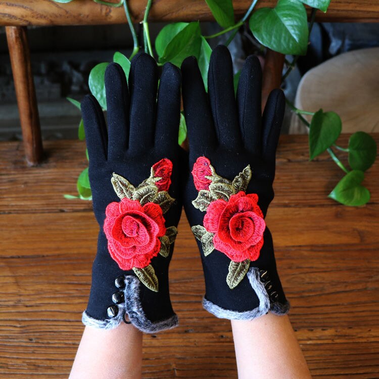 Punk Cotton Driving Fingerless Gloves For Women Gloves Winter Touch Screen Flowers Embroidery Gloves Autumn Winter: Black Type1