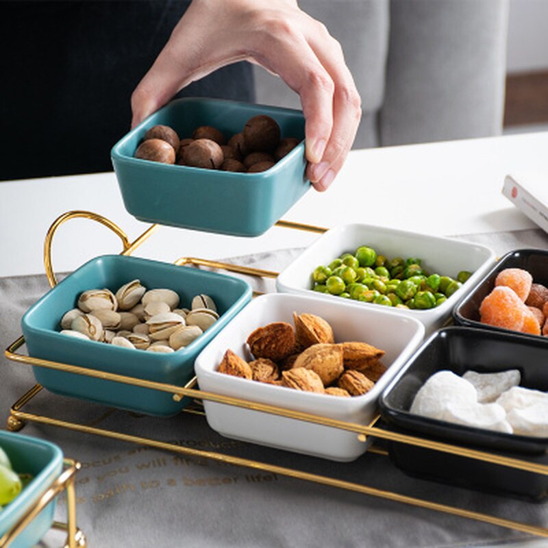 De cerámica bandeja de comida con divisores hogar fruta Bol para bocadillos bandeja de almacenamiento con soporte de hierro decoración de bandejas de ensalada