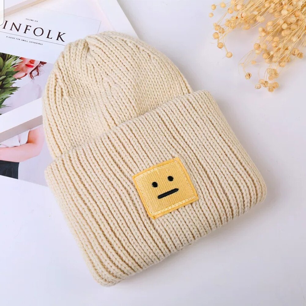 Mössa höst vinter varm stickad mössa brittisk stil smiley head casual stickad mössa för kvinnor utomhus huvudbonader: 3