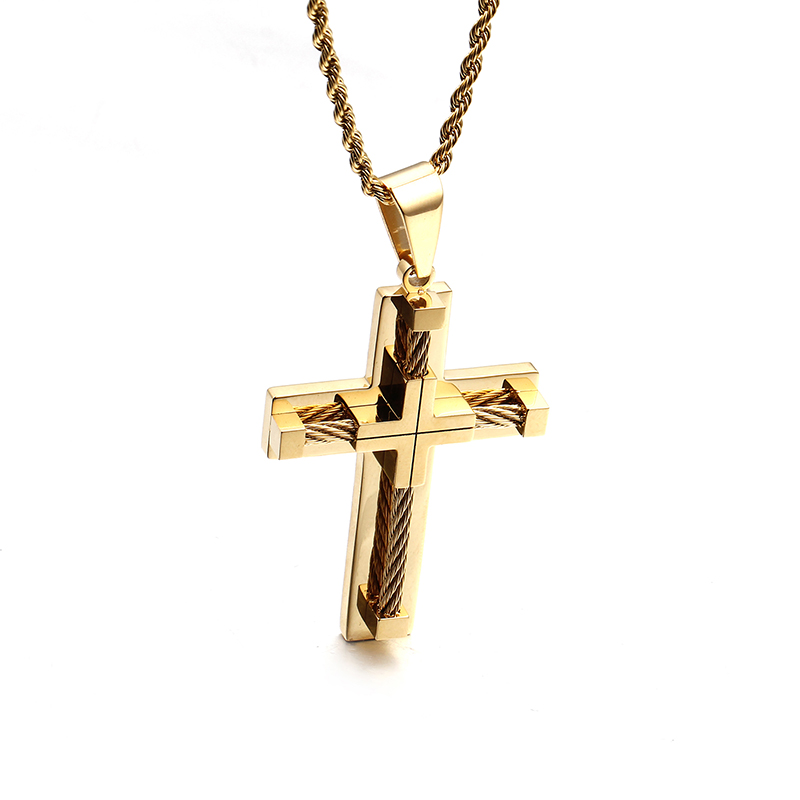 Gull rustfritt stål wire kjede stor biker cross crucifix anheng halskjede tau kjede menn & #39 ;s kvinner punk 4mm 22 tommer