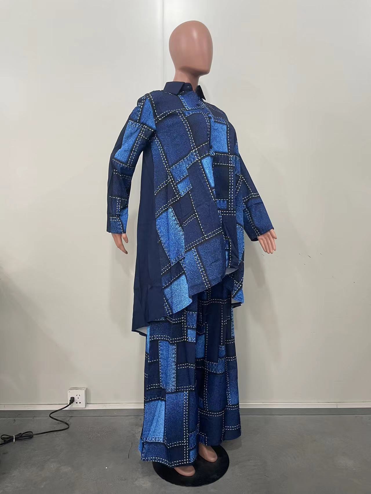 Buksesæt dame todelt sæt denim splice matchende sæt ternet skjorte toppe vide ben lange bukser høj talje  y2k streetwear