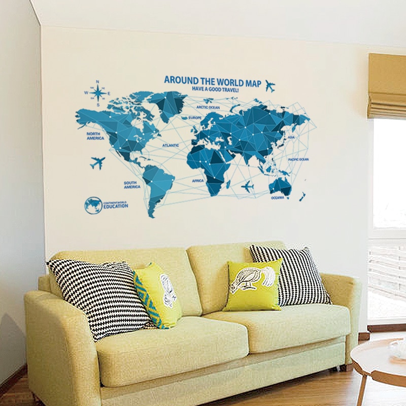 Waterproof 3d blue world map wall stickers office rooms decals decor wall art bedroom for home decorations wall decals