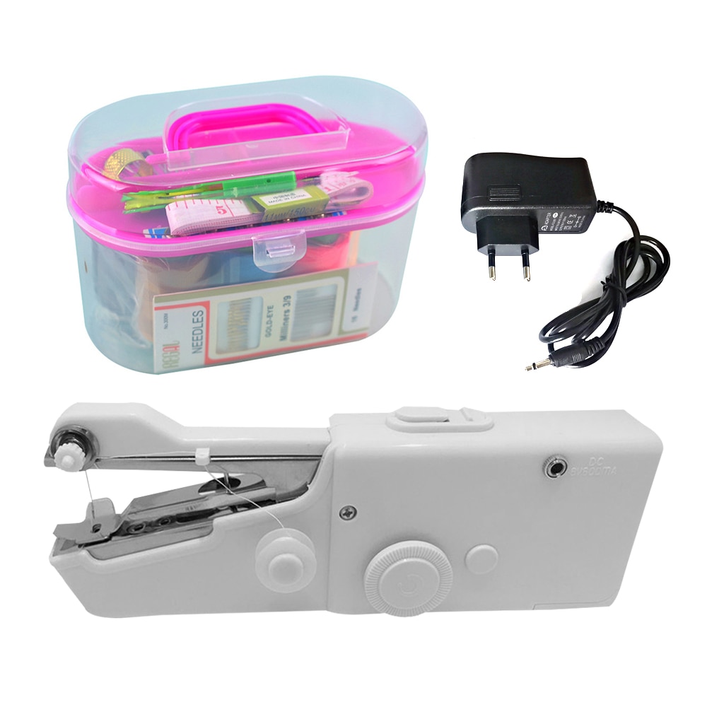 EU/US Plug Mini Portable Handheld Sewing Machine for Quick Repairs DIY Clothes Electric Stitch Sew Cordless Needlework Machine: EU Plug set