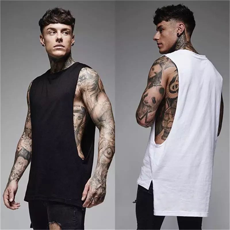 Mens Casual Tank Top Gym Fitness Workout Katoen Mouwloos Shirt Zomer Kleding Mannelijke Verlengen Lange Singlet Hip Hop Vest