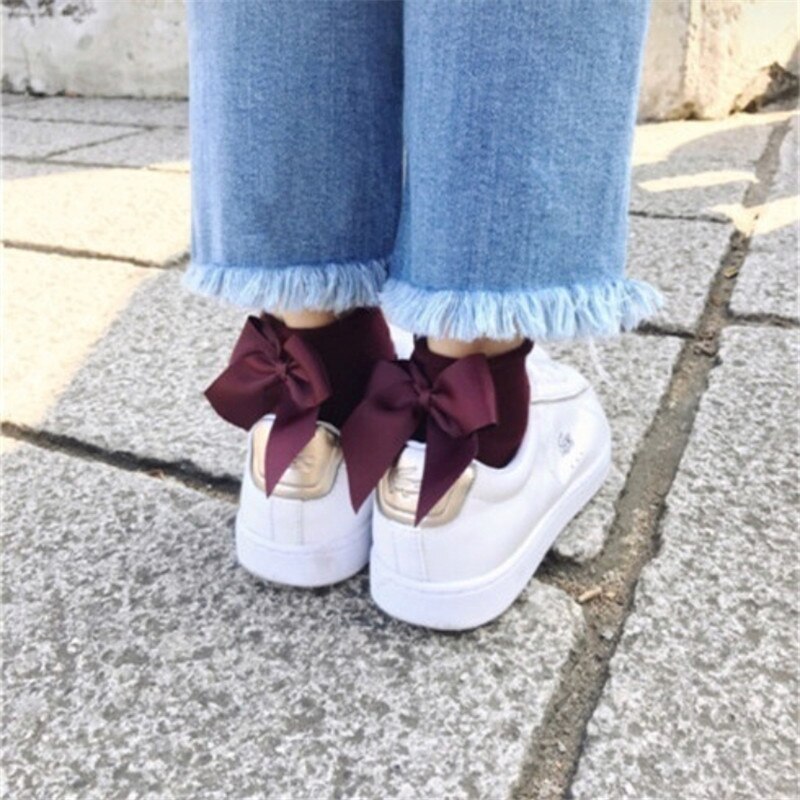 Chaussettes en coton à gros nœud pour femmes, à la , colorées, Kawaii, mignonnes, pour filles