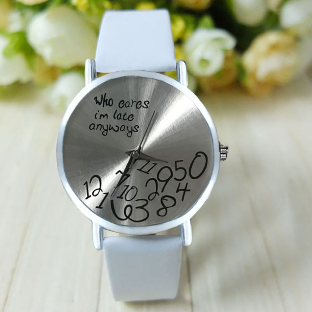 Women Geneva Female Watches White Leather Strap Quartz Watch Cares I Am Late Anyway Letter Watches Relogio Feminino: Default Title