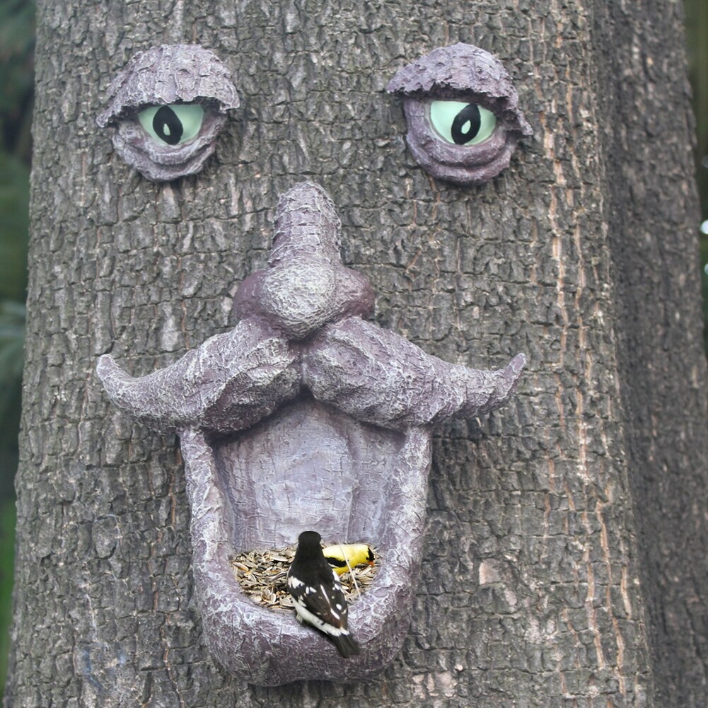 Hand-painted Resin Sculpture Funny Yard Art Garden Decor Crafts Outdoor Tree Face Bird Feeder With Eyes Realistic Old Man