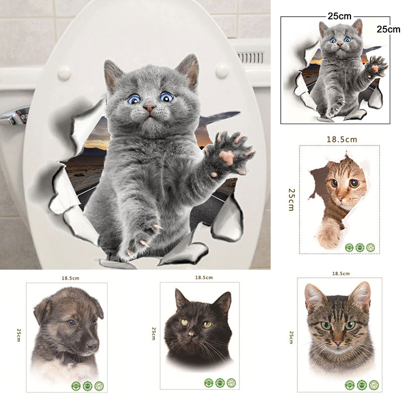 Dejlig kat hund toilet klistermærker 3d killing hvalp safari pvc vægmærkat gør det selv tegneserie dyr vaskerum boligindretning
