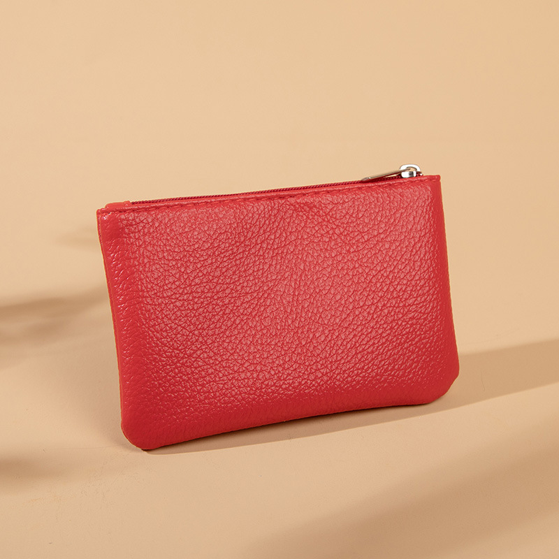 Ultradünne mini-geldbörse mit litschi-muster, reißverschluss, retro-tasche für damen, münzbeutel aus pu-leder, schlüsselanhänger-clutch: Rot