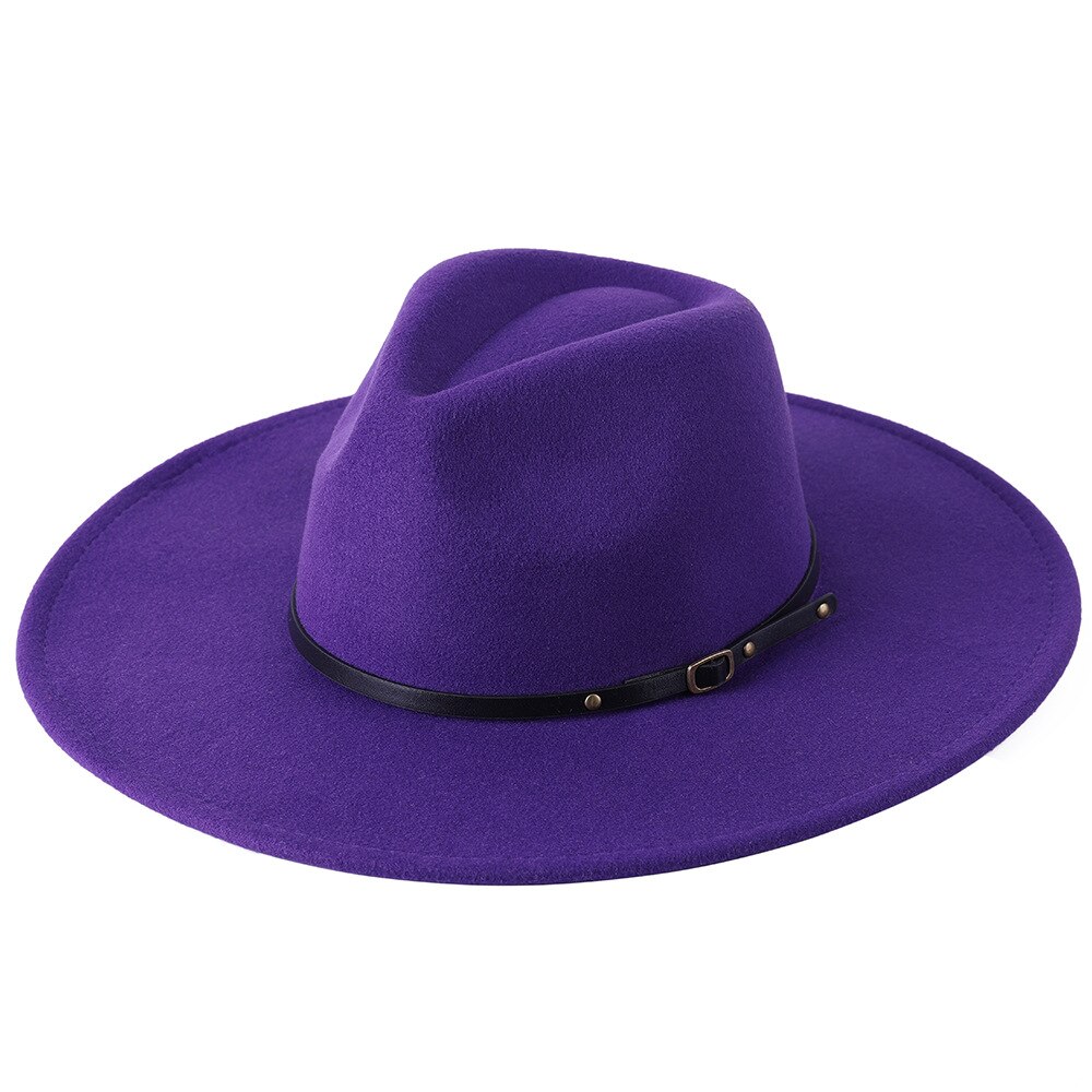 Chapeau Fedora en laine à large bord pour homme et femme, couleur unie, , Jazz, feutré, Panama, jaune: Violet