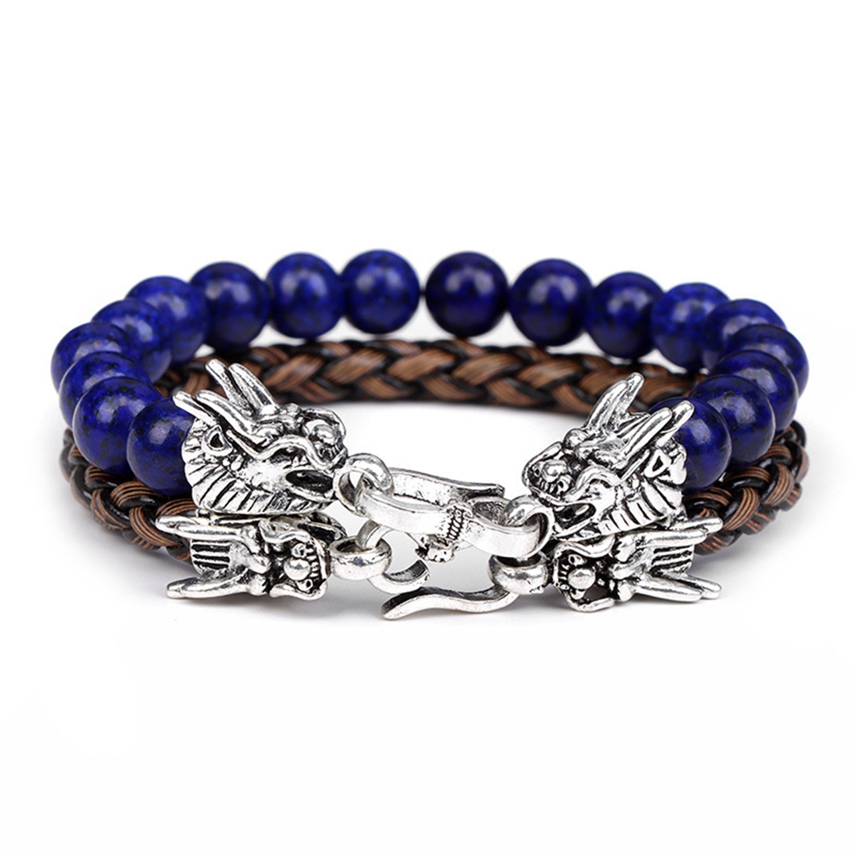 Heren Paar Lederen Edelsteen Kralen Armbanden Dragon Clasp Angst Stress Verlichting Healing Chakra 8Mm Ronde Kralen Set Sieraden: Blauw