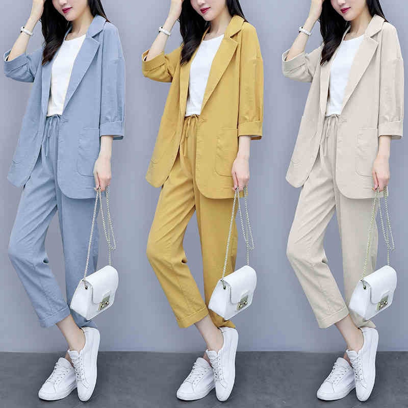 Casual Solid Women Pant Suits Notched Collar Blazer Jacket & Pencil Pant Female Suit Autumn OL Office Wear Blue Women Suits