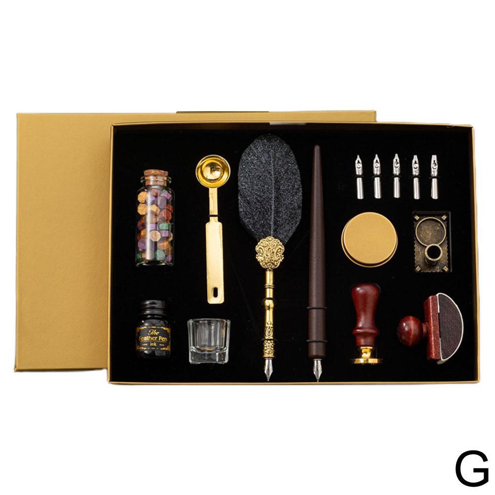 Vintage Feather Dip Fountain Pen Sets Calligraphy Writing Stamp Pen Set Ink Blotter Stationery Pen Holder Supplies Dip Scho M5r8: black