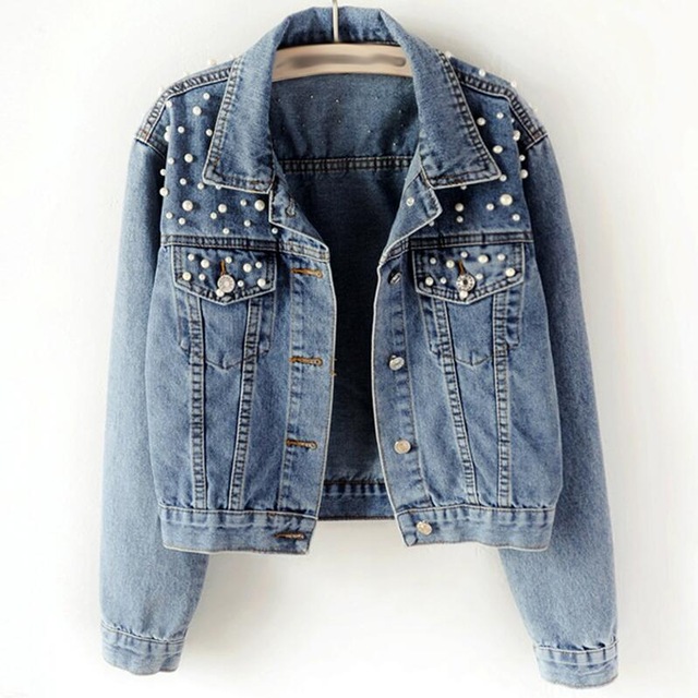 Plus size parel kralen korte denim jasjes 3xl 5xl dames wit gewassen lange mouwen vintage casual jeans jasje bomber denim jas: Blauw / S
