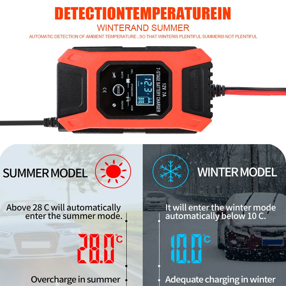 12V 7A Wet Dry Lead Acid Battery-chargers Digital LCD Display 7 Stage Automatic Smart Car Battery Charger