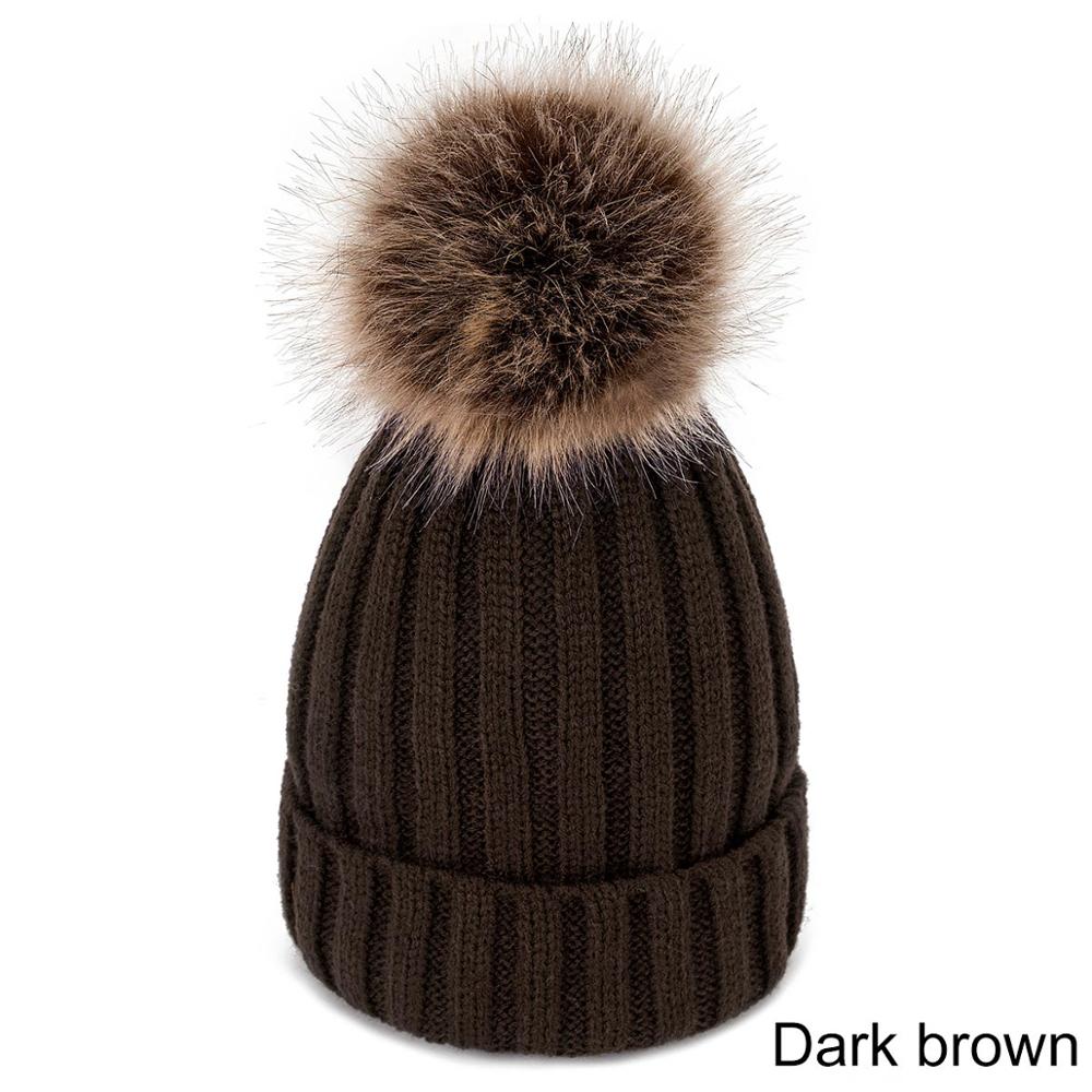 Women's Winter Hats Knit Plus Velvet Warm Beanie Hat Ladies Solid Color Pom-pom Hat Clothing Accessories: dark brown