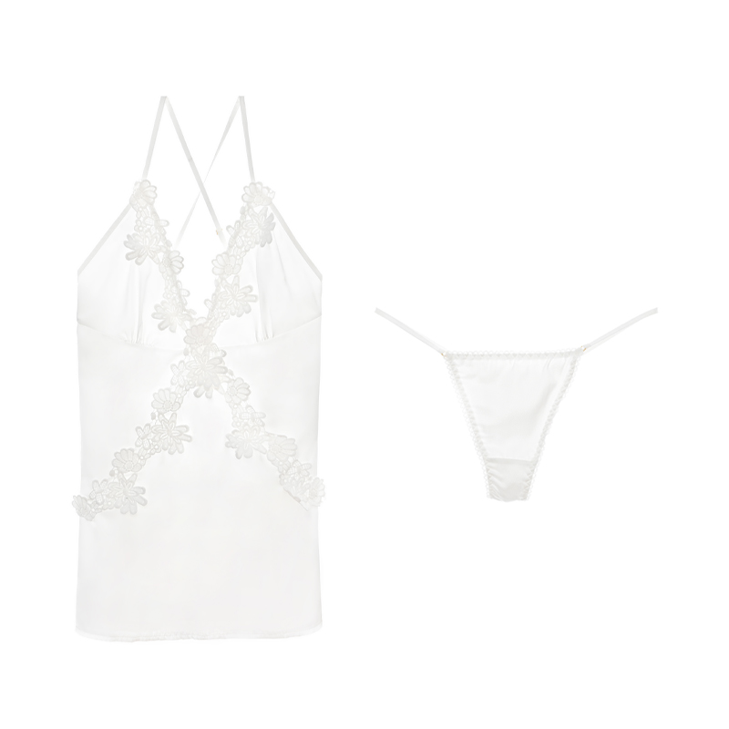 Meet'r satijnen nachtkleding voor dames, sexy nachtjurk met borduurwerk, open rug, v-hals pyjama met string, nachthemd met bandjes, nachtkleding voor thuis.: M / Wit