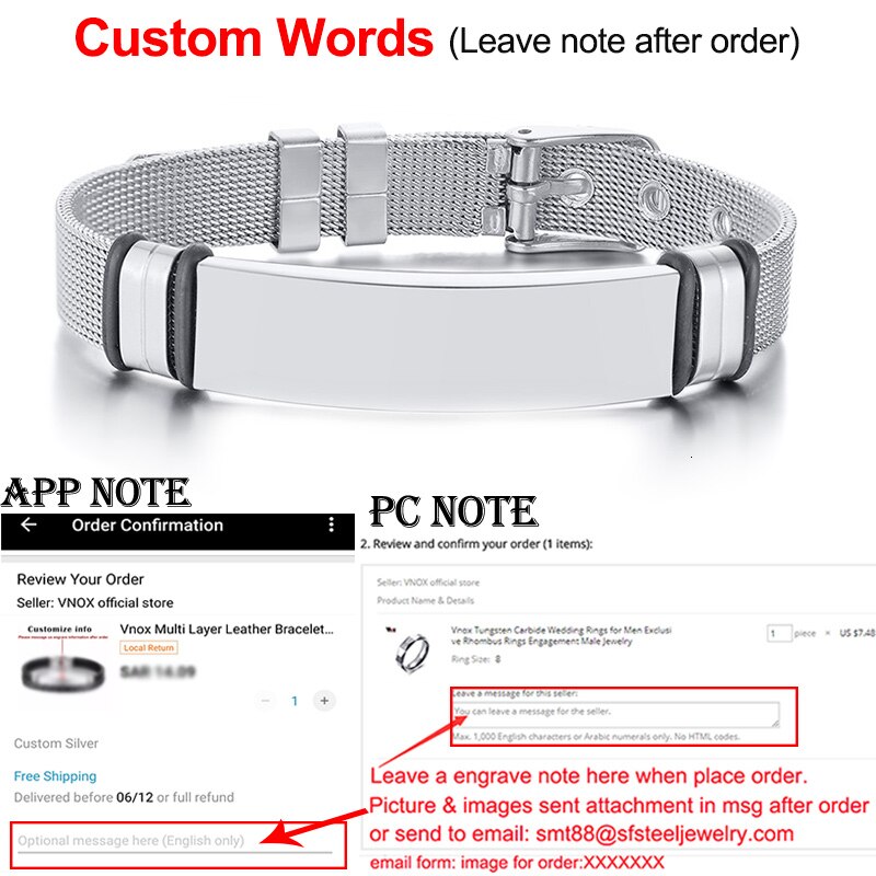 Vnox Heren Rvs Custom Graveren ID Tag Armbanden Lengte Verstelbare met Mesh Horloge Band Pols Sieraden