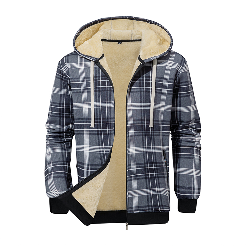 Chaqueta con capucha holgada de manga larga a cuadros de algodón grueso de lana de cordero de invierno para hombre: M / Gris