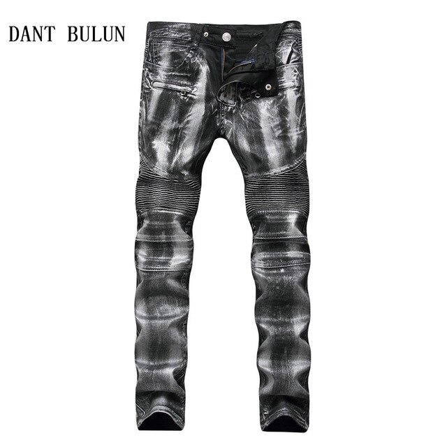 Men's Biker Jeans Pants Print Gold Silver Coated Slim Skinny Denim Trousers For Male Pleated Trousers Plus Size 40: Gray / 40