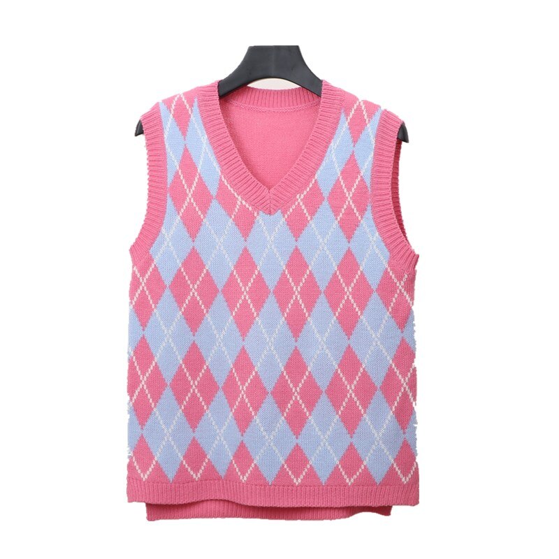 Vintage Argyle Sweater Vest Women Knitted Pink Tank Top V Neck Sleeveless Loose Korean Waistcoat Center