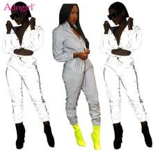 Adogirl Vrouwen Sexy Reflecterende Trainingspak Night Versie Knoppen Turn Down Kraag Lange Mouw Crop Top + Casual Broek Tweedelige set