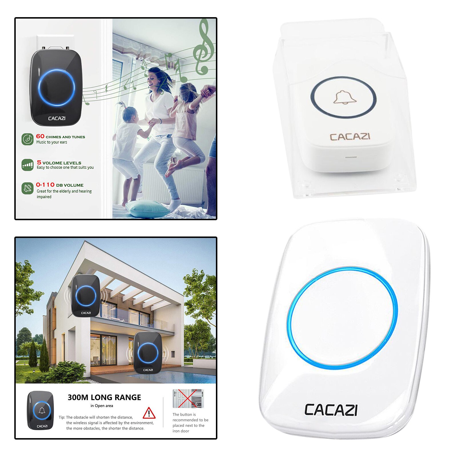 Wireless Waterproof Doorbell 300m Range EU Plug Home Intelligent Door Bell Chime 5 Volume Levels 60 Chimes for Home Office