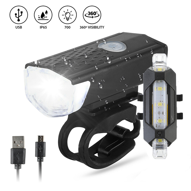 Faro delantero y trasero para bicicleta de montaña, luz LED recargable vía USB, luz de advertencia de seguridad, resistente al agua: Set C