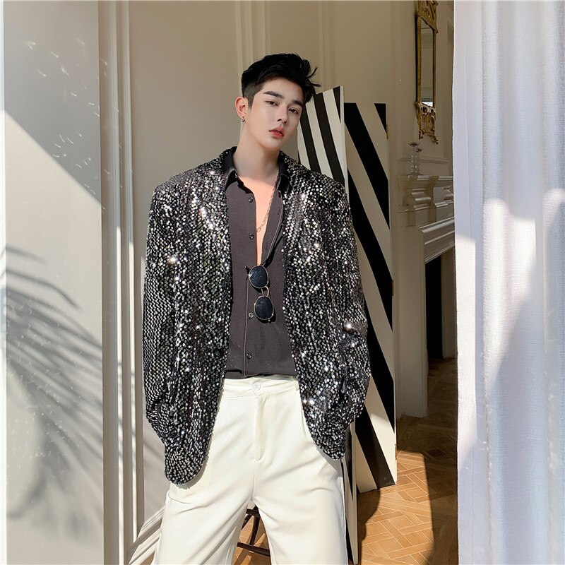Vintage décontracté costume ample manteau pardessus hommes Sequin mâle scène spectacle Blazer veste d'extérieur femmes Blazers vestes B75