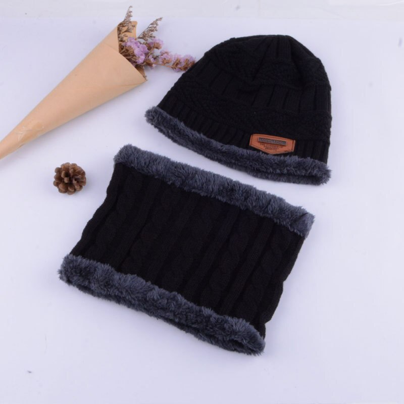 Vinter gutt lue skjerf sett fast strikket lue lokk tykkere varm fløyel låve hatt sikring caps ski myk ringe skjerf låve: Svart