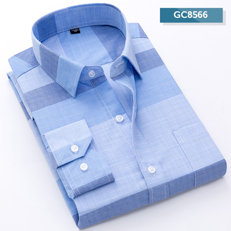 Nueva de camisas para hombre, manga larga, Formal, clásico, a cuadros, informal, suave, cómodo, con un solo bolsillo, con botones, Camisa Social juvenil: M / Azul marino