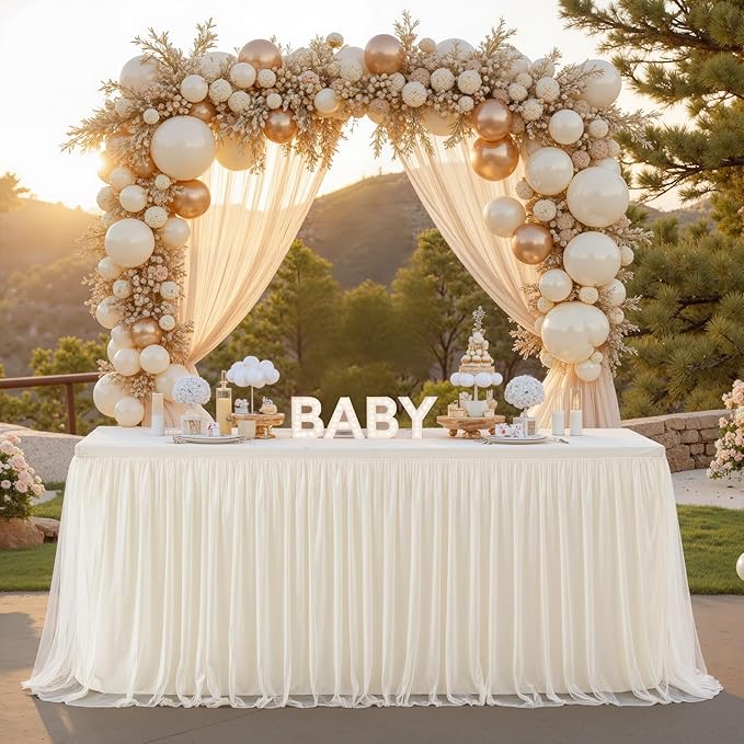 Ivory Tulle Table Skirts for Rectangle Tables 8ft 6ft 4ft for Wedding Party Birthday Baby Shower Cake Event Dessert Tablecloth