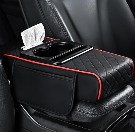 PU Leather Car Armrest Box Heightening Cushion with Cup Holder Tissue Box Side Storage Pocket Arm Rest Cover Height Pad