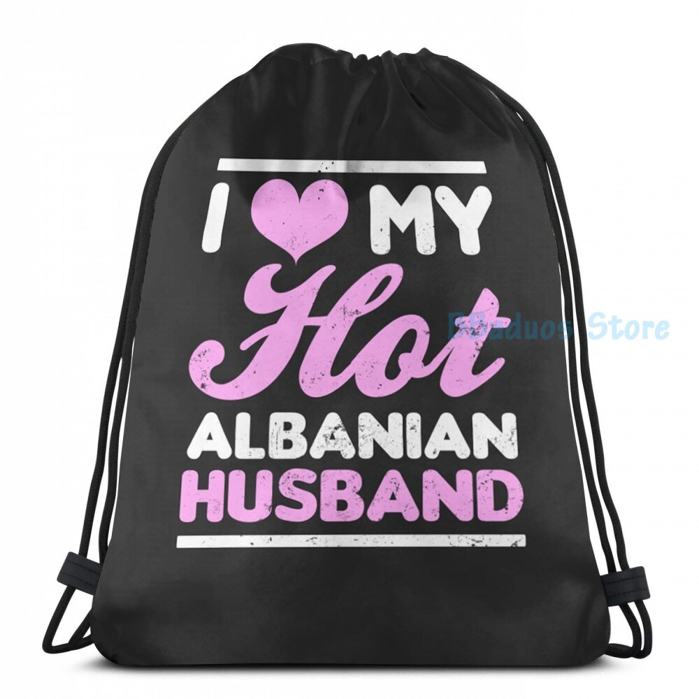 Funny Graphic print Albania Shirt Love My Husband USB Charge Backpack men School bags Women bag Travel laptop bag: Drawstring Bag