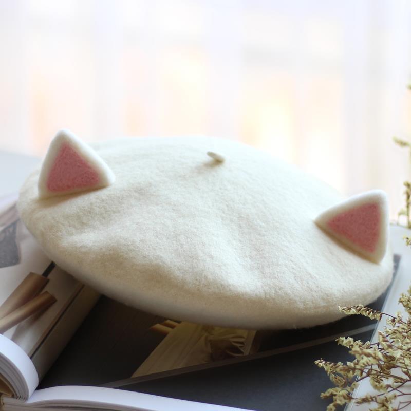 Gorro de pintor para mujer, gorro de lana hecho a mano con orejas de gato, creatividad, bonito gorro de Otoño Invierno, disfraz de fieltro de lana, boina divertida de dibujos animados: Blanco