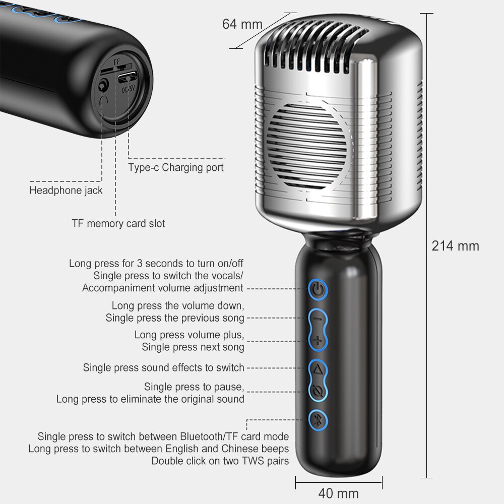 Bluetooth-karaoke-mikrofon, kabelloser lautsprecher, handmikrofon für zuhause, musikplayer, gesangsaufnahmegerät, ktv-party