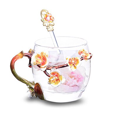 Ferskenblomst og strass dekoreret emalje kaffekop krus blomst te glasmælk kopper legering håndgreb kopper og krus: A02