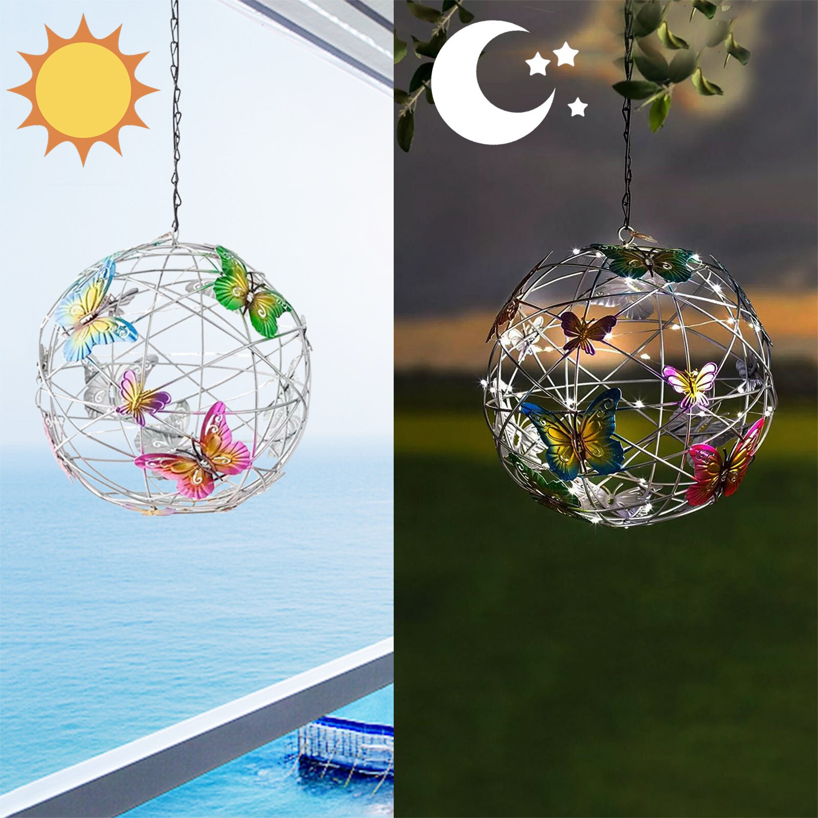 Tuin Ballen Wind Weer Solar Verlichte Opknoping Mesh Orb Met Kleurrijke Vlinders Solar Systeem Decoratieve Ballen Globo Terráqueo