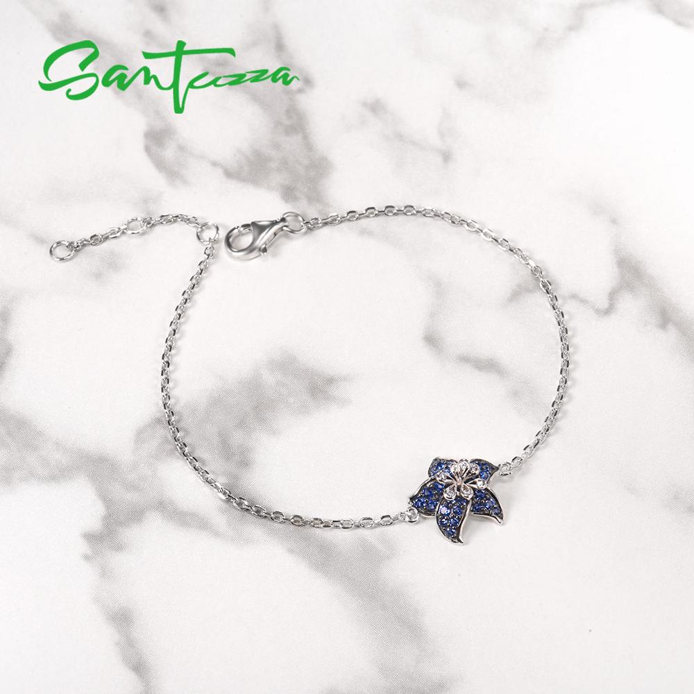 SANTUZZA Silver Bracelet For Women Authentic 925 Sterling Silver Delicate Dainty Blue Star Flower Adjustable Fine Jewelry