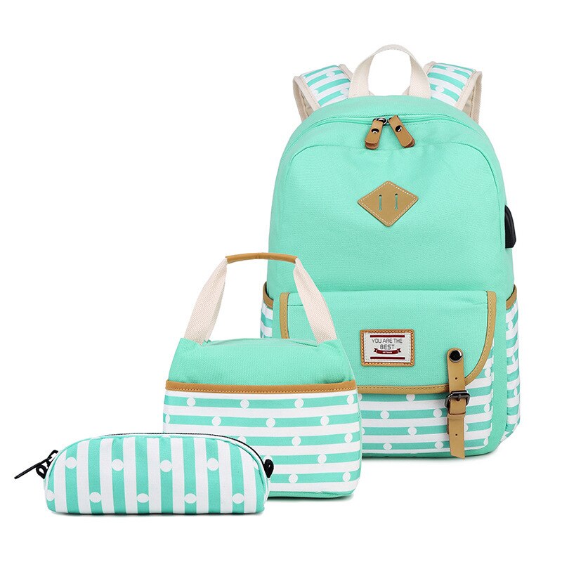 Usb Zak Vrouwen Aankomst Vrouwen Canvas Rugzak Schooltas Voor Meisjes Rugzak Rugzakken Schooltassen Reizen 3 Pcs: Licht Groen