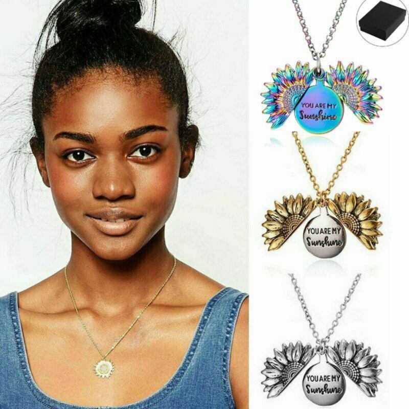 Women Gold Necklace Custom You are my sunshine Open Locket Sunflower Pendant Necklace Valentines