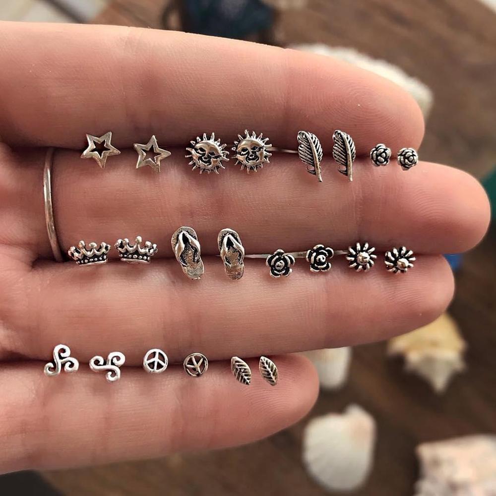 Böhmen Geometrische Kleine Stud Ohrringe Set Für Frauen Shell Blume Stern Hand Charme Ohrringe Mädchen Trendy Schmuck