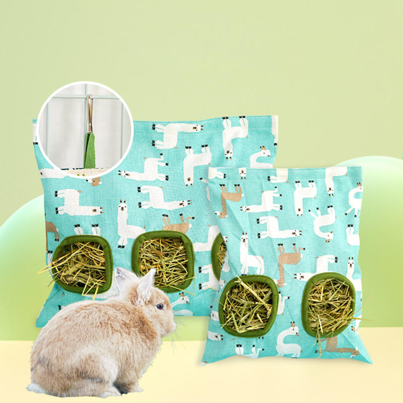 Bolsa de alimentación suspendida, bolsa de heno para mascotas, para cerdos indios, comedero para animales pequeños, conejo, dispensador de alimentos con 3 agujeros, bolsa, accesorios para jaulas