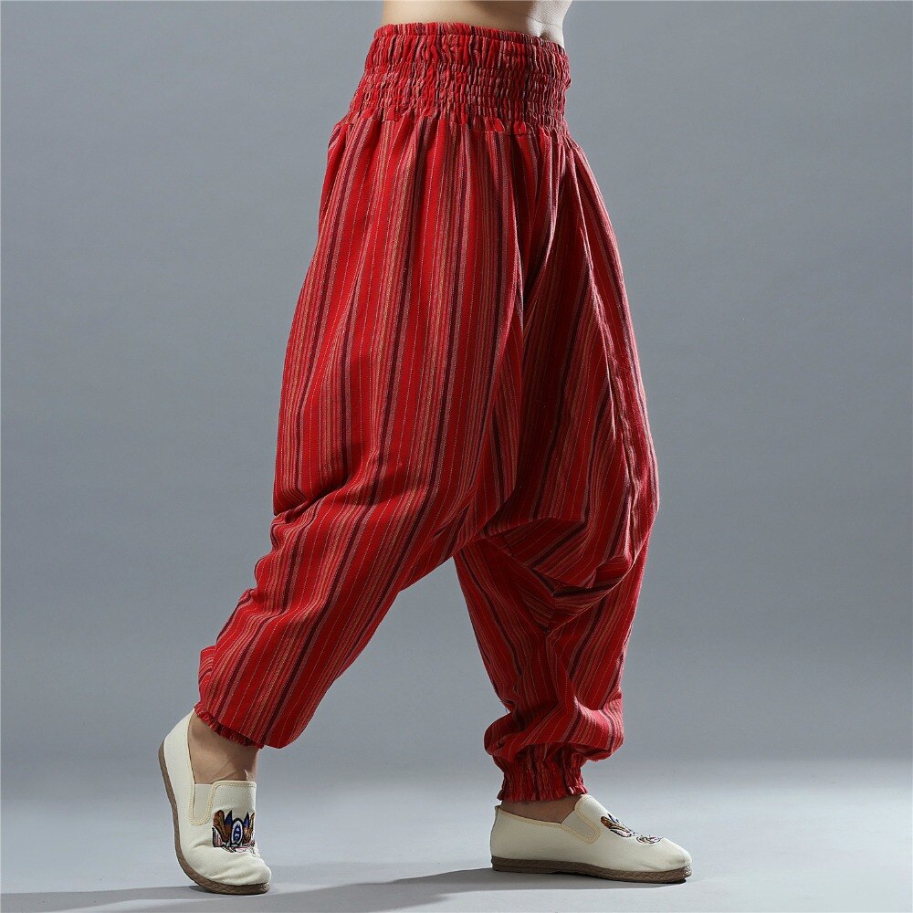 Pantalones bombachos de cintura elástica a rayas para hombre, pantalones de tiro caído fluidos de otoño, pantalones Harem de lino y algodón sueltos tradicionales para hombre, India 092303