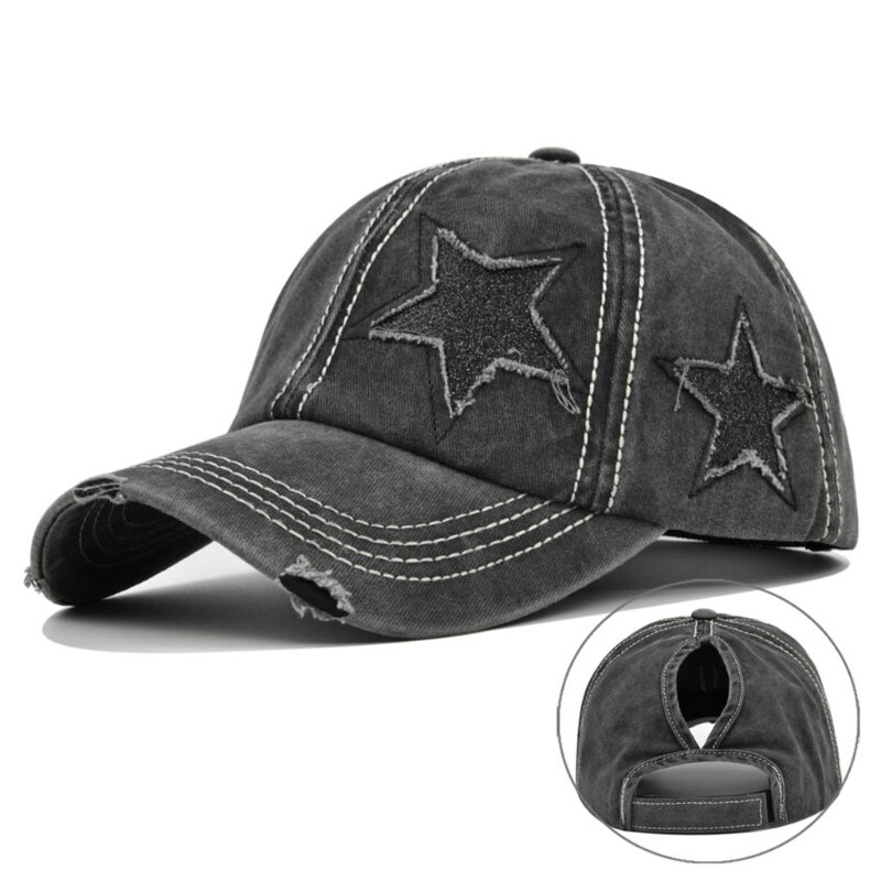 Vrouwen Gewassen Baseball Cap Glitter Ster Borduurwerk Verontruste Paardenstaart Gat Hoed: Black