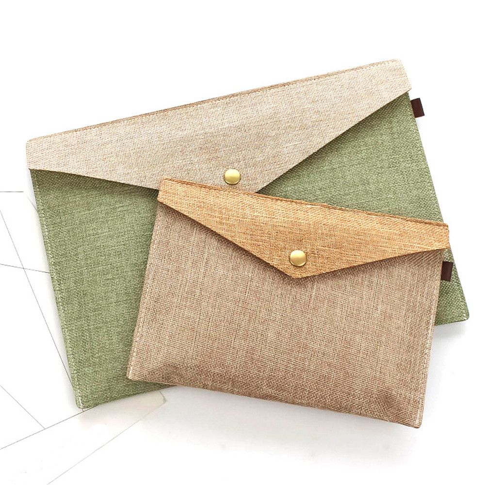 1pc Imitation Linen Canvas File Bag Button Closure Folder Bag Office Document Folder Storage File Organizer Office Desk Supplies