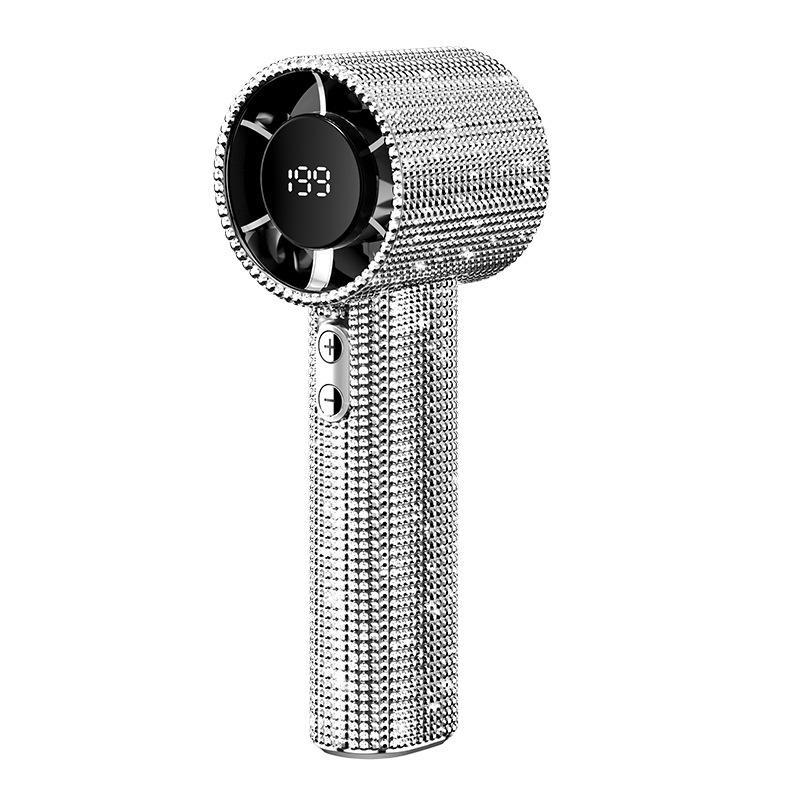 Ein prächtiger und eleganter Handventilator mit großem Akku für eine lange Akkulaufzeit, mit glitzerndem Rand.
