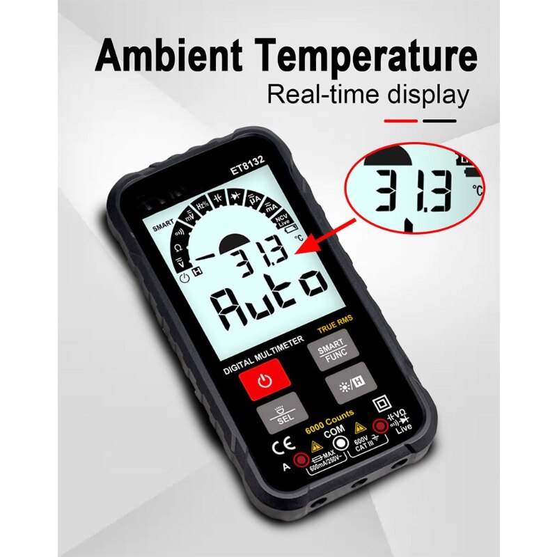 ET8132 Push-button Smart Digital Multimeter Automatic Recognition Auto Measurement Voltage Meter with LED Flashlight M7DA